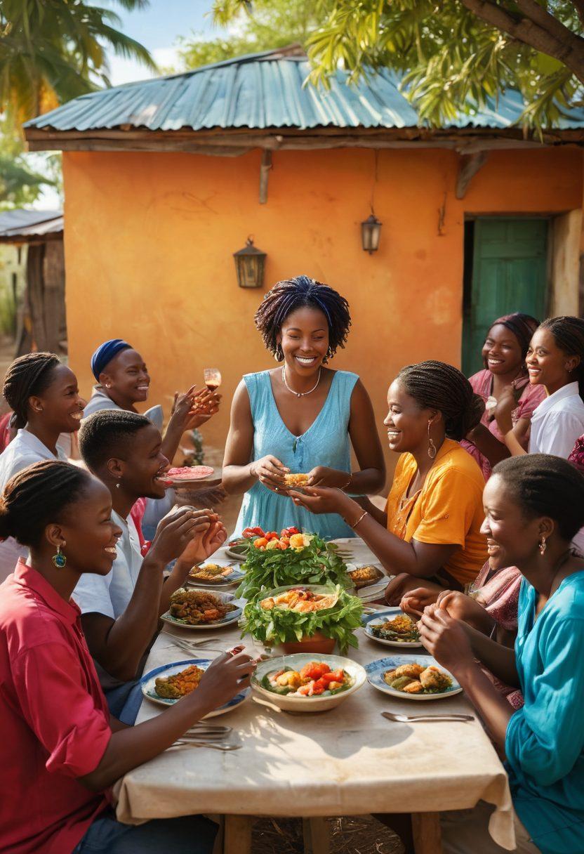 A warm and inviting scene depicting a diverse group of people of Haitian descent gathered together in a community setting, sharing a meal and exchanging stories. Include traditional Haitian decorations and symbols of love such as hearts and intertwined hands. Capture the essence of connection and support through smiling faces and open body language. The background should feature vibrant colors typical of Haitian art, with lush greenery and cultural elements. super-realistic. vibrant colors. community setting.