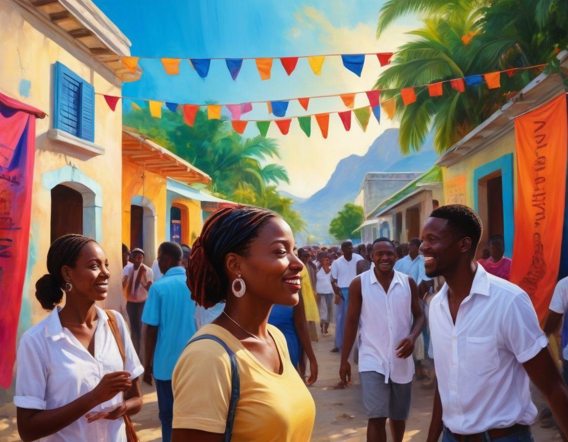 A vibrant community gathering in Haiti showcasing various people engaging in heartfelt conversations under colorful banners, with landmarks of Haitian architecture in the background. Emphasize warm smiles and supportive gestures, reflecting deep emotional connections. Include traditional Haitian art elements and natural tropical surroundings. super-realistic. vibrant colors. cultural art style.